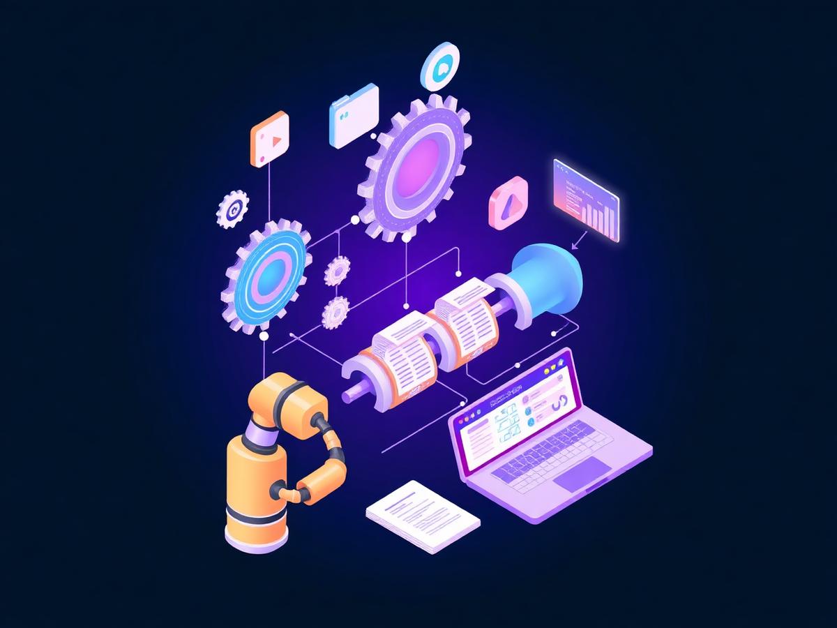 Abstract illustration of connected business tools moving data between systems automatically